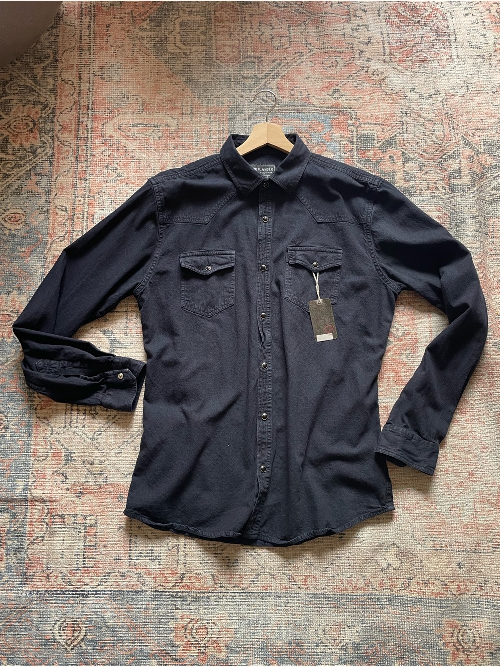 NWT Outlander Men’s L Black Pearl Snap DK Indigo Dark Wash Western Denim Shirt